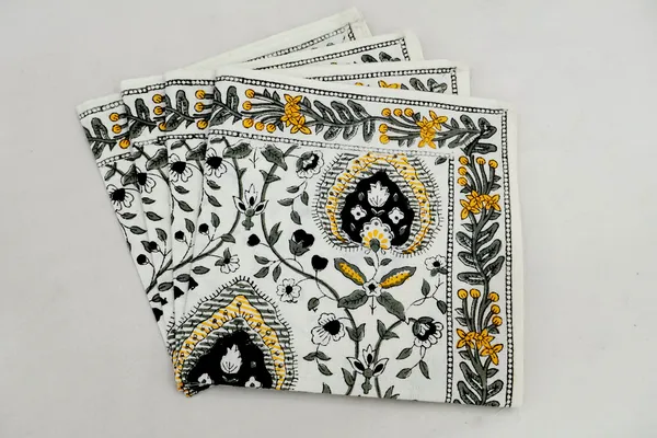 Yellow,_Black_and_White_Pure_Cotton_Floral_Hand_Block_Print_Napkin,_Cocktail_napkin,_Dinner_napkin,_Buffet_Napkin,_Horde_oeuvres_Size_18"x_18"