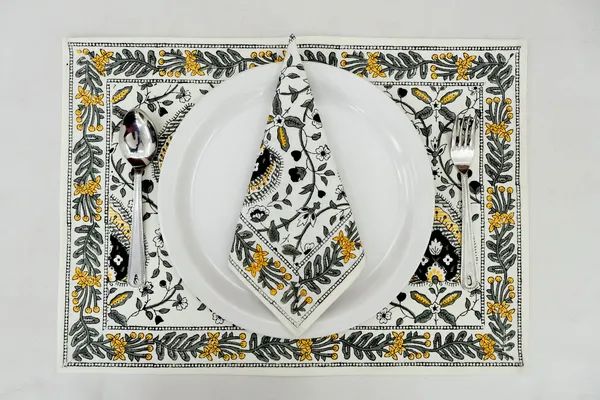 Yellow,_Black_and_White_Pure_Cotton_Floral_Hand_Block_Print_Napkin,_Cocktail_napkin,_Dinner_napkin,_Buffet_Napkin,_Horde_oeuvres_Size_18"x_18"