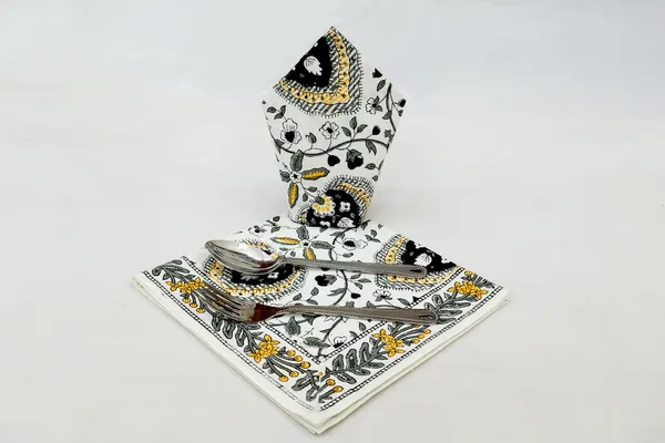 Yellow,_Black_and_White_Pure_Cotton_Floral_Hand_Block_Print_Napkin,_Cocktail_napkin,_Dinner_napkin,_Buffet_Napkin,_Horde_oeuvres_Size_20"x20"