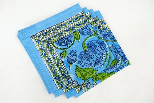 Blue_and_Green_Pure_Cotton_Floral_Hand_Block_Print_Napkin,_Cocktail_napkin,_Dinner_napkin,_Buffet_Napkin,_Horde_oeuvres_Size_13"x_13"