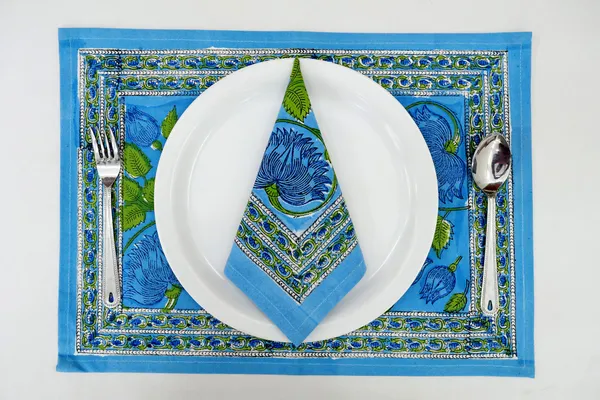 Blue_&_green_Floral_Pure_Cotton_|__Hand_Block_Print_Napkin