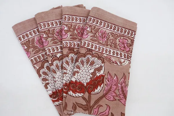 Brown_and_Pink_Pure_Cotton_Floral_Hand_Block_Print_Napkin,_Cocktail_napkin,_Dinner_napkin,_Buffet_Napkin,_Horde_oeuvres_Size_18"x_18"