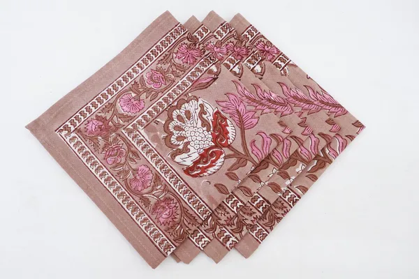 Brown_and_Pink_Pure_Cotton_Floral_Hand_Block_Print_Napkin,_Cocktail_napkin,_Dinner_napkin,_Buffet_Napkin,_Horde_oeuvres_Size_20"x20"