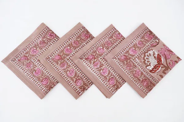 Brown_and_Pink_Pure_Cotton_Floral_Hand_Block_Print_Napkin,_Cocktail_napkin,_Dinner_napkin,_Buffet_Napkin,_Horde_oeuvres_Size_20"x20"