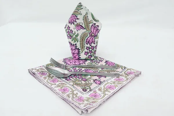 Pure_Cotton_Pink_And_Green_Floral_Hand_Block_Print_Napkin_Cocktail_Napkin_Dinner_Napkin_Buffet_Napkin_Horde_Oeuvres