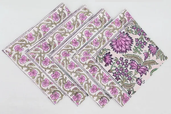 Pure_Cotton_Pink_And_Green_Floral_Hand_Block_Print_Napkin_Cocktail_Napkin_Dinner_Napkin_Buffet_Napkin_Horde_Oeuvres