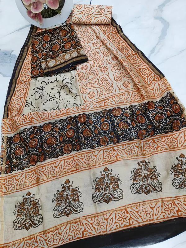 Unstitched_Orange_and_Black_Block_printed_Chanderi_Silk_three_piece_suit_set