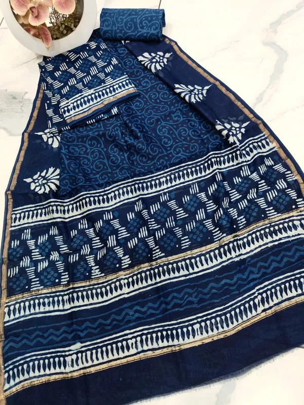 Unstitched_Indigo_and_White_Block_printed_Chanderi_Silk_three_piece_suit_set