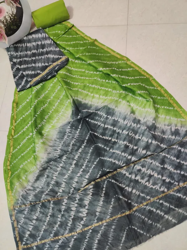 Unstitched_Green_and_Black_Block_printed_Chanderi_Silk_three_piece_suit_set