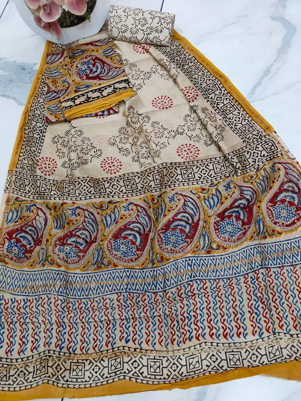 Unstitched_Yellow_and_Red_Block_printed_Chanderi_Silk_three_piece_suit_set