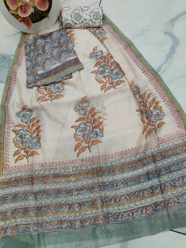 Unstitched_Blue_and_Orange_Block_printed_Chanderi_Silk_three_piece_suit_set
