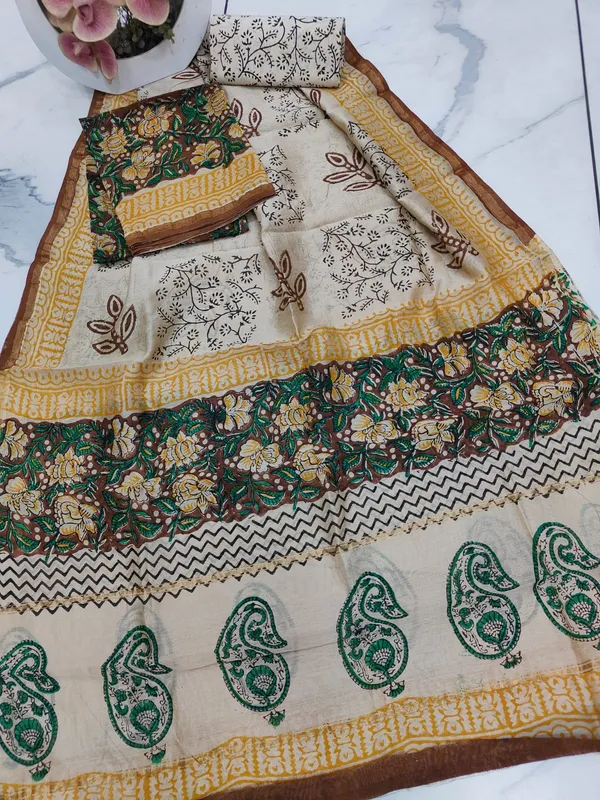 Unstitched_Green_and_Yellow_Block_printed_Chanderi_Silk_three_piece_suit_set