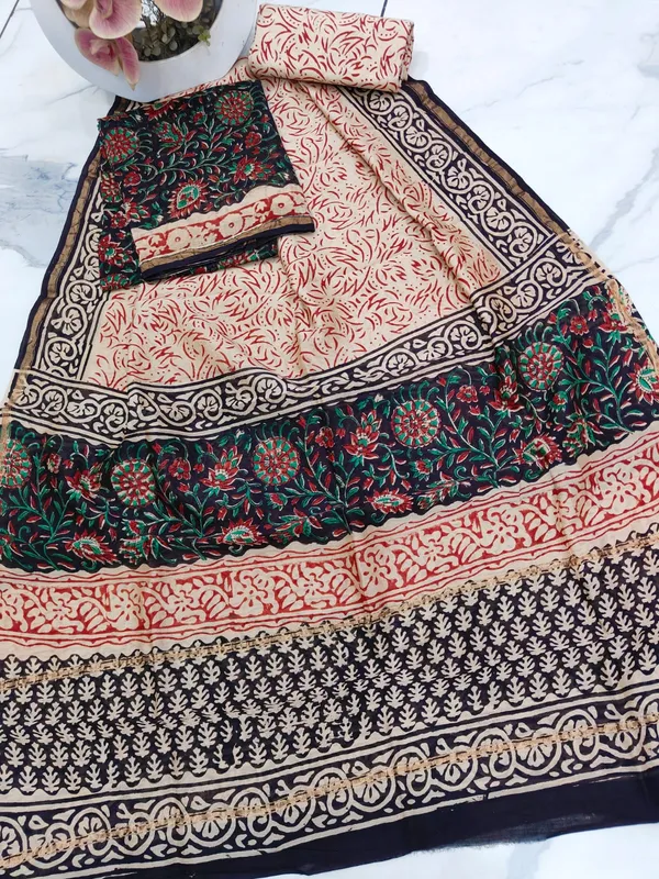 Unstitched_Red_and_Black_Block_printed_Chanderi_Silk_three_piece_suit_set
