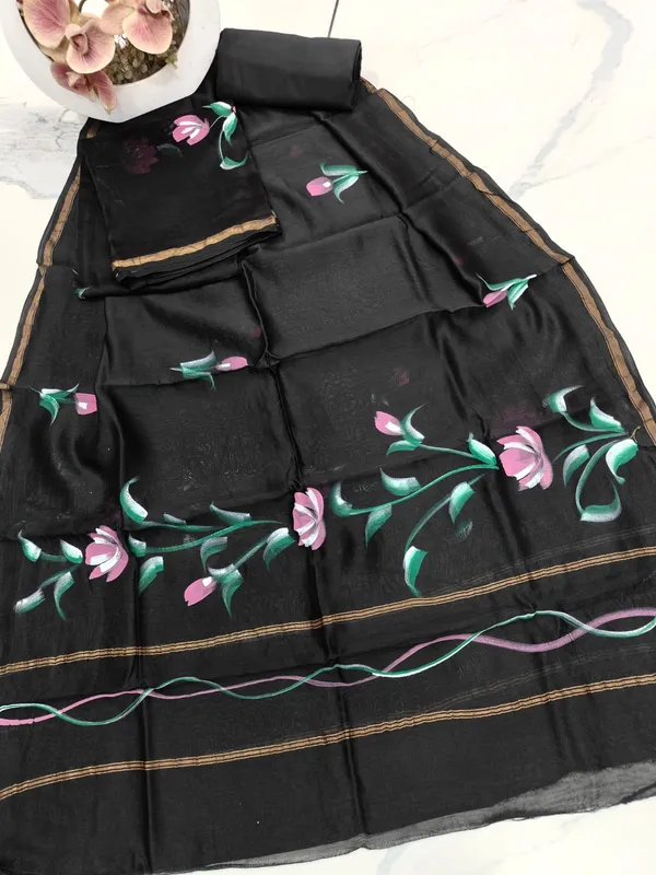Unstitched_Black_and_Pink_hand_painted_Chanderi_Silk_three_piece_suit_set