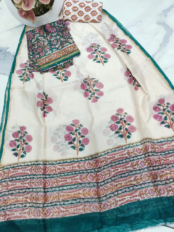Unstitched_Pink_and_Teal_Block_printed_Chanderi_Silk_three_piece_suit_set