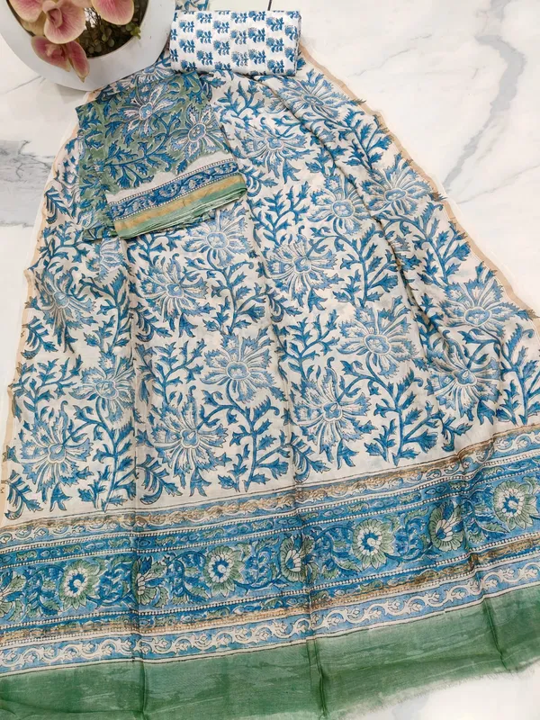Unstitched_Blue_and_Green_Block_printed_Chanderi_Silk_three_piece_suit_set
