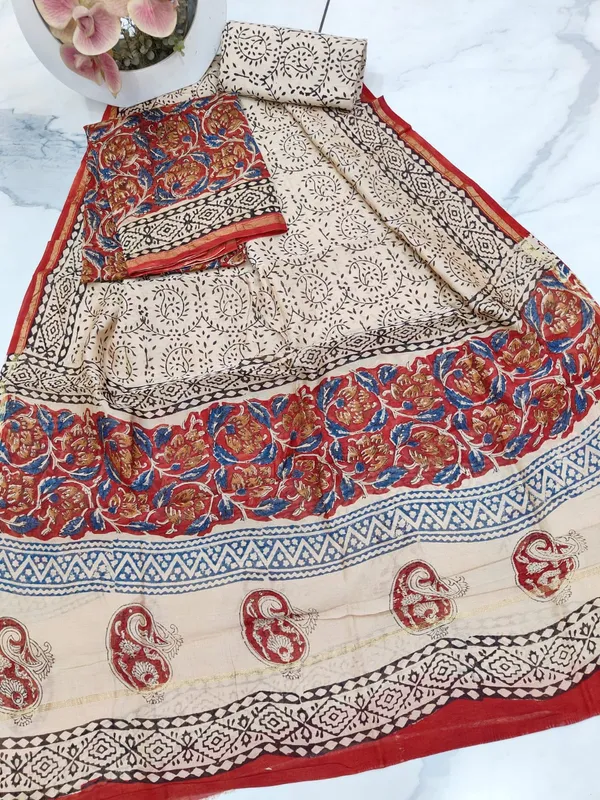 Unstitched_Red_and_Blue_Block_printed_Chanderi_Silk_three_piece_suit_set