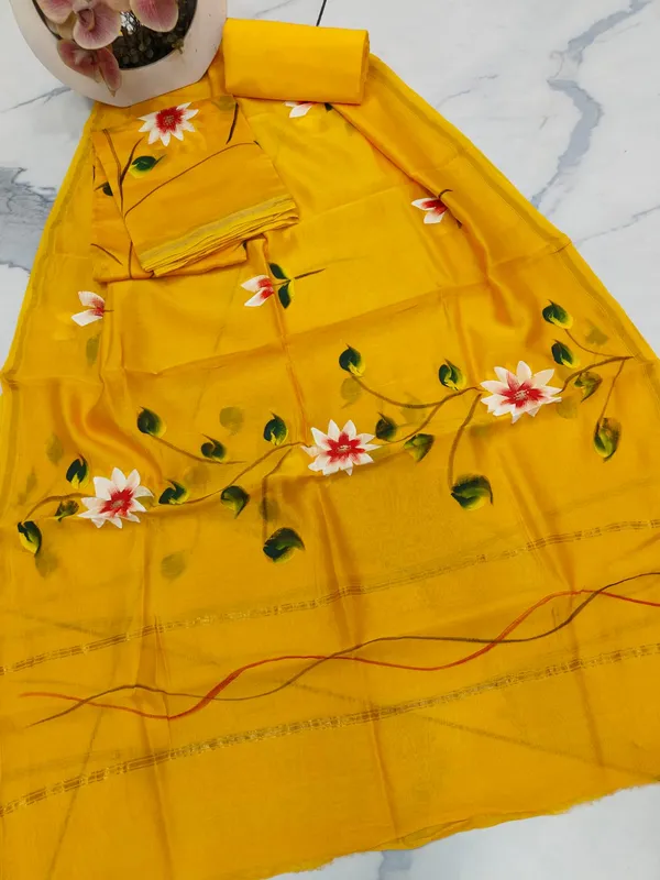Unstitched_Yellow_Hand_Painted_Chanderi_Silk_three_piece_suit_set