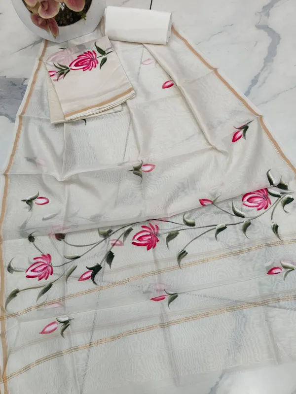 Unstitched_White_and_Pink_Hand_Painted_Chanderi_Silk_three_piece_suit_set