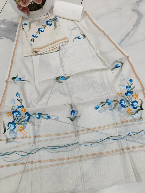 Unstitched_White_and_Blue_Hand_Painted_Chanderi_Silk_three_piece_suit_set