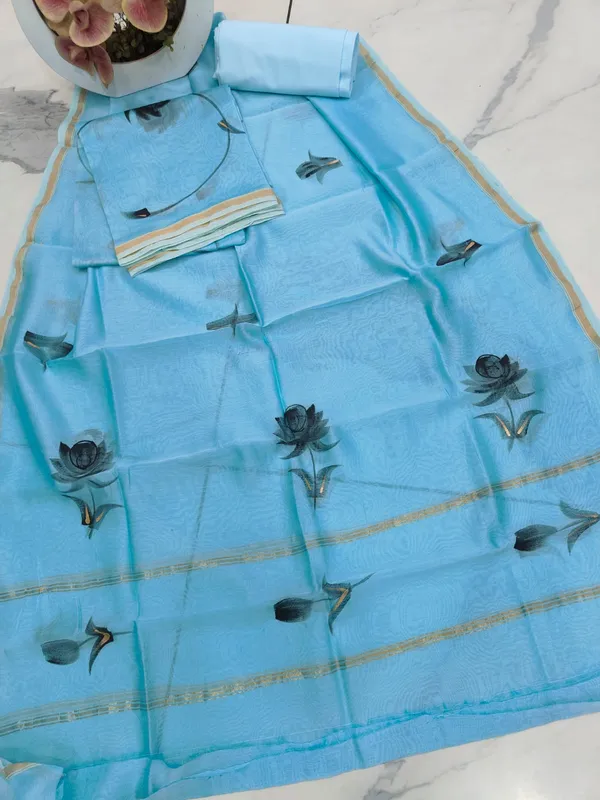 Unstitched_Blue_and_Black_Hand_Painted_Chanderi_Silk_three_piece_suit_set