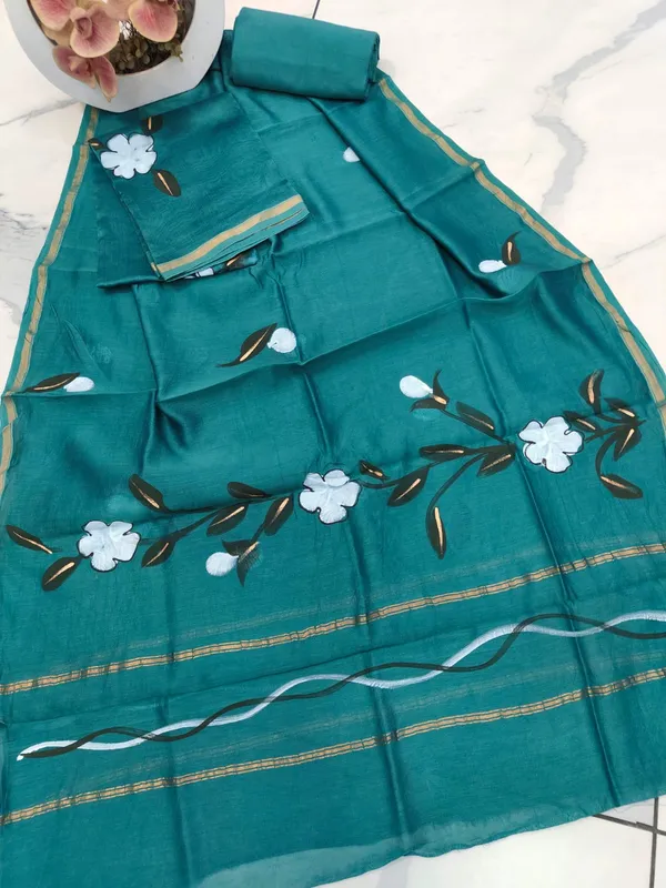 Unstitched_Blue_and_White_Hand_Painted_Chanderi_Silk_three_piece_suit_set