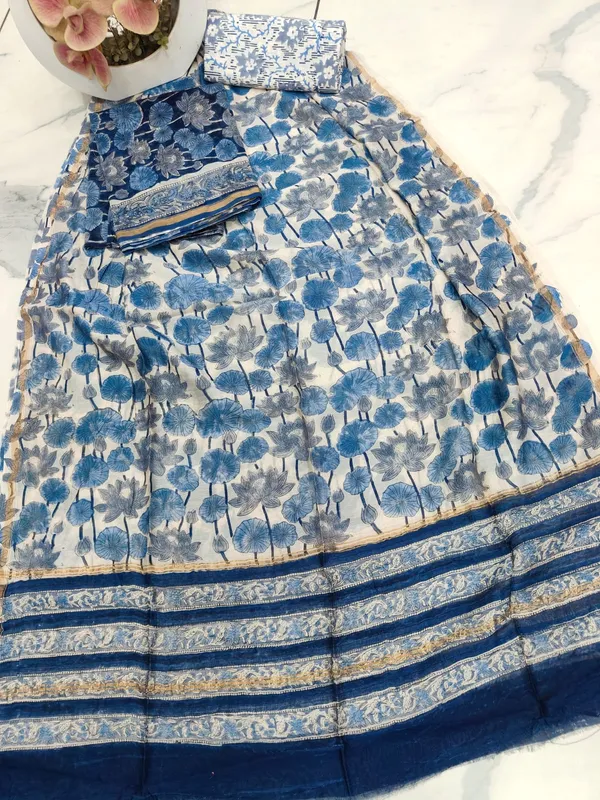 Unstitched_Blue_and_Grey_Block_printed_Chanderi_Silk_three_piece_suit_set