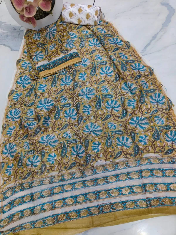 Unstitched_Yellow_and_Blue_Block_printed_Chanderi_Silk_three_piece_suit_set