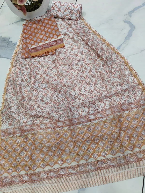 Unstitched_Orange_Block_printed_Chanderi_Silk_three_piece_suit_set