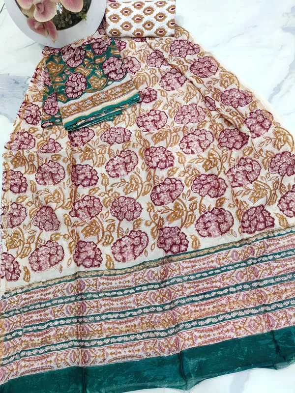 Unstitched_Teal_and_Pink_Block_printed_Chanderi_Silk_three_piece_suit_set