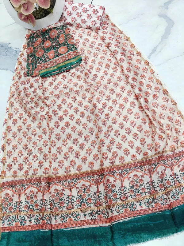 Unstitched_Green_and_Orange_Block_printed_Chanderi_Silk_three_piece_suit_set