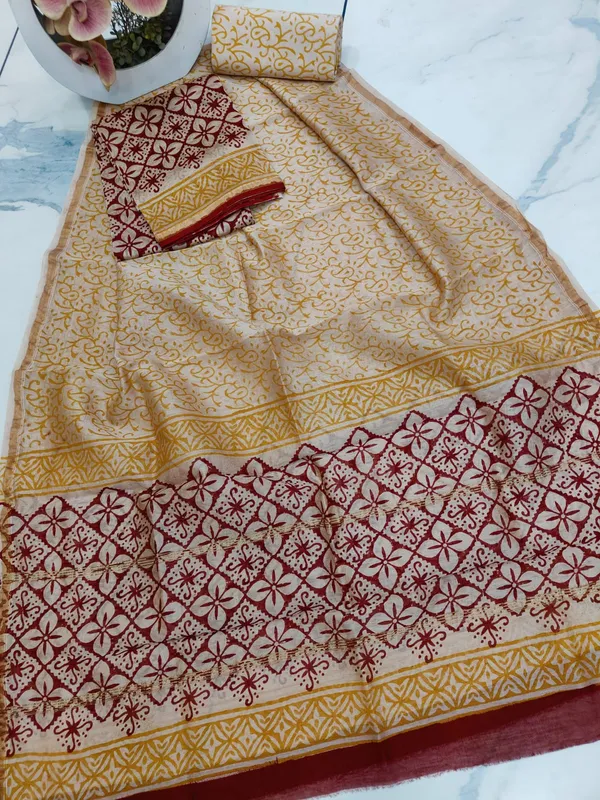 Unstitched_Red_and_Orange_Block_printed_Chanderi_Silk_three_piece_suit_set