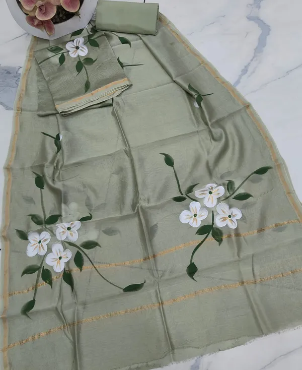 Unstitched_Grey_and_Green_Block_printed_Chanderi_Silk_three_piece_suit_set