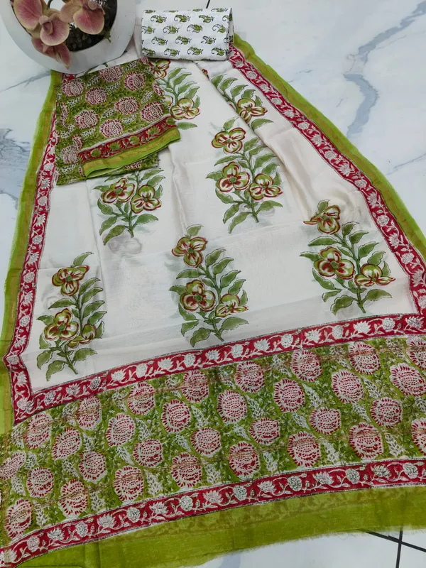 Unstitched_Green_and_Pink_Block_printed_Chanderi_Silk_three_piece_suit_set
