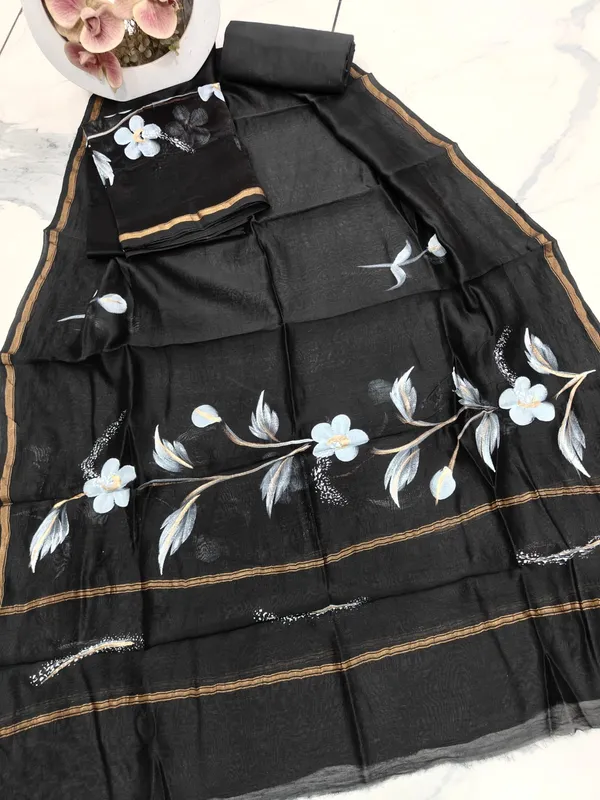 Unstitched_Black_and_White_Block_printed_Chanderi_Silk_three_piece_suit_set
