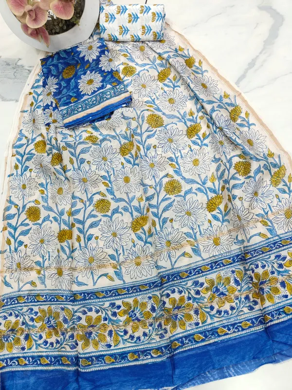 Unstitched_Blue_and_Yellow_Block_printed_Chanderi_Silk_three_piece_suit_set