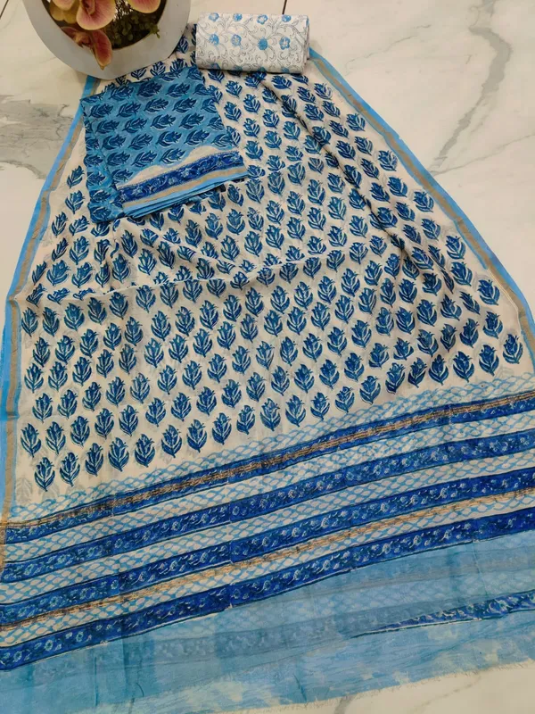Unstitched_Blue_and_White_Block_printed_Chanderi_Silk_three_piece_suit_set