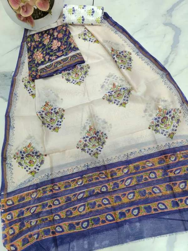 Unstitched_Purple,_Green_and_Orange_Block_printed_Chanderi_Silk_three_piece_suit_set