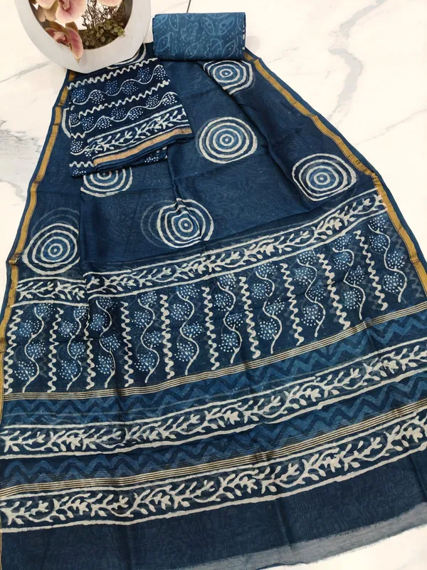 Unstitched_Blue_Block_printed_Chanderi_Silk_three_piece_suit_set