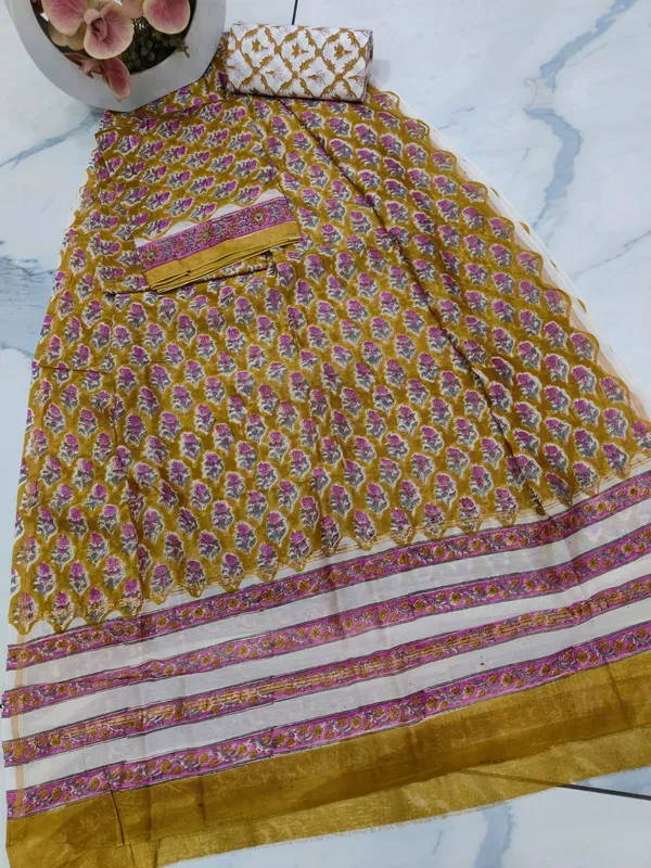 Unstitched_Yellow_and_Pink_Block_printed_Chanderi_Silk_three_piece_suit_set