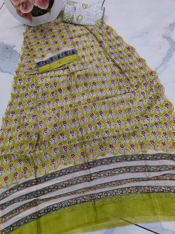 Unstitched_Olive_and_Red_Block_printed_Chanderi_Silk_three_piece_suit_set