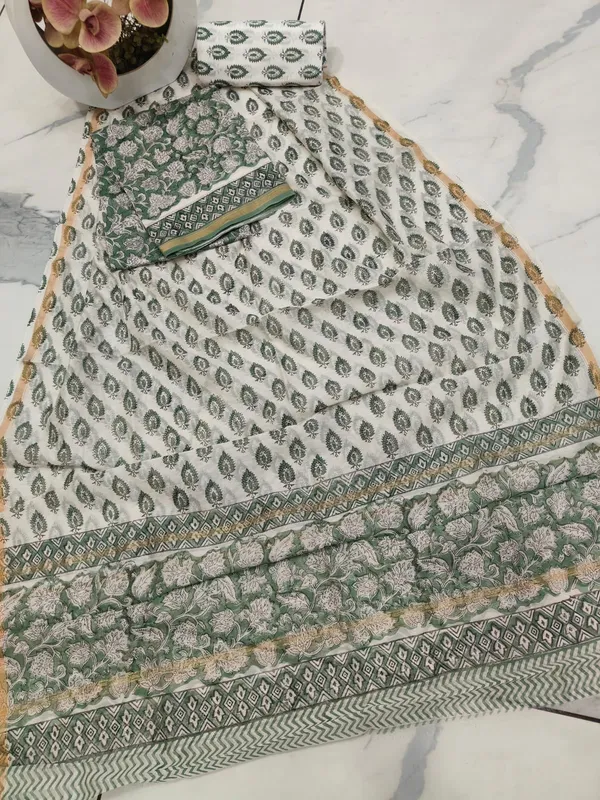 Unstitched_Dark_Green_Block_printed_Chanderi_Silk_three_piece_suit_set