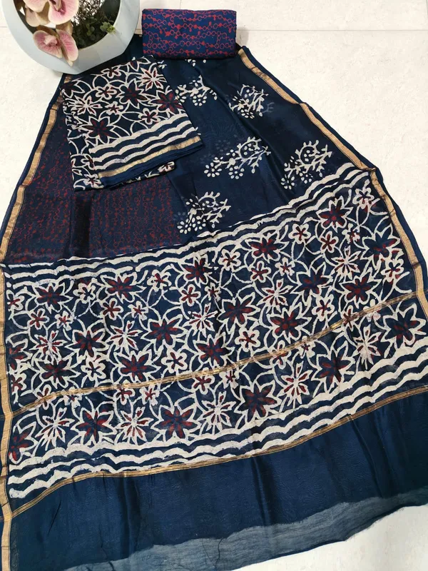 Unstitched_Indigo_and_Red_Block_printed_Chanderi_Silk_three_piece_suit_set