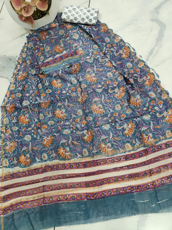 Unstitched_Blue_and_Orange_Block_printed_Chanderi_Silk_three_piece_suit_set