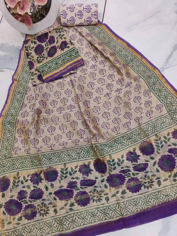 Unstitched_Purple_and_Green_Block_printed_Chanderi_Silk_three_piece_suit_set