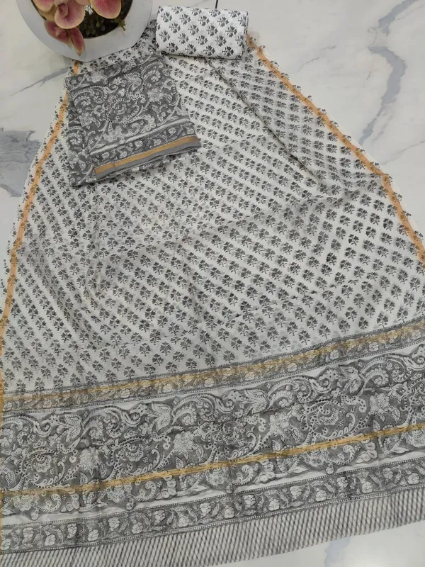 Unstitched_Grey_and_White_Block_printed_Chanderi_Silk_three_piece_suit_set