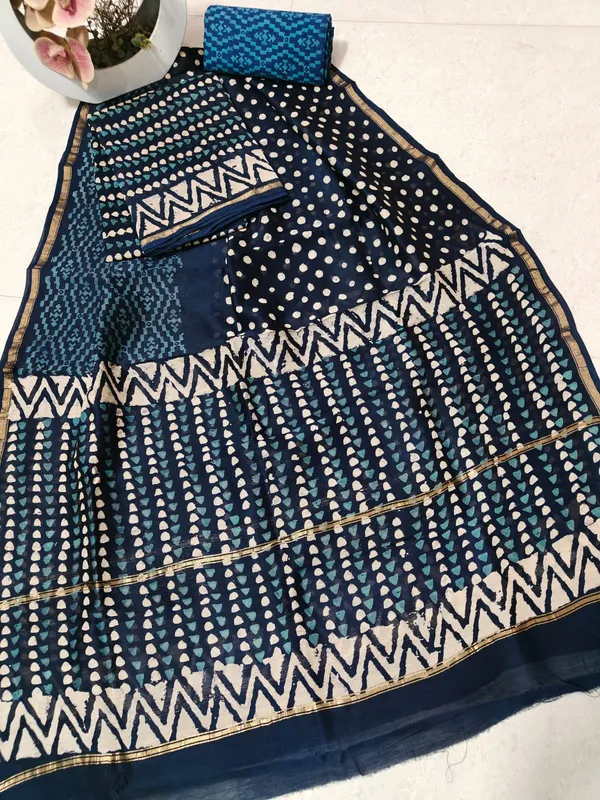 Unstitched_Indigo_Block_printed_Chanderi_Silk_three_piece_suit_set