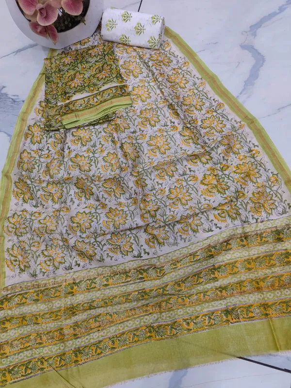 Unstitched_Green_and_Yellow_Block_printed_Chanderi_Silk_three_piece_suit_set