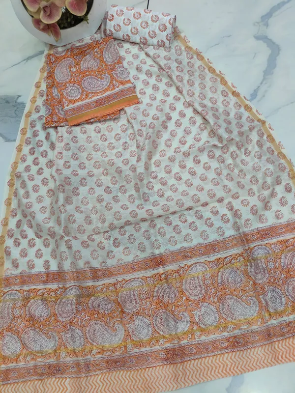 Unstitched_Orange_Block_printed_Chanderi_Silk_three_piece_suit_set