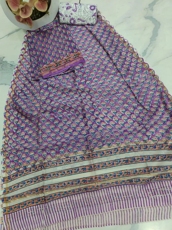Unstitched_Purple_and_Orange_Block_printed_Chanderi_Silk_three_piece_suit_set